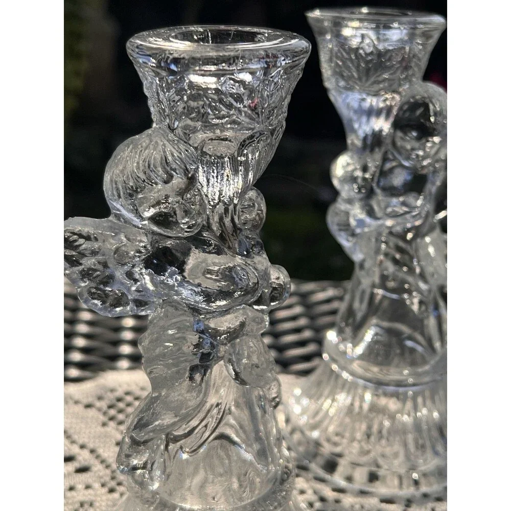 Vintage Clear Glass Angel Candle Holders Pair Praying Angel/ Cherub Candlsti